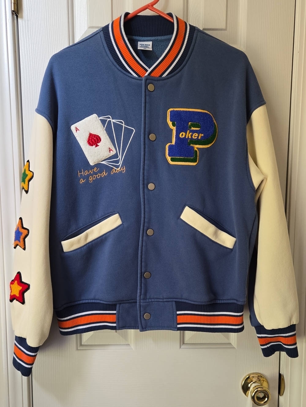 Blue & Cream Varsity Jacket with Poker Patch